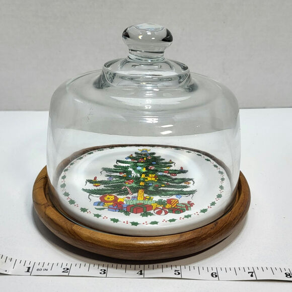 Towle Christmas Tree Holiday Cheese Board Server Teakwood Plate w/Glass Dome VTG - Picture 10 of 10